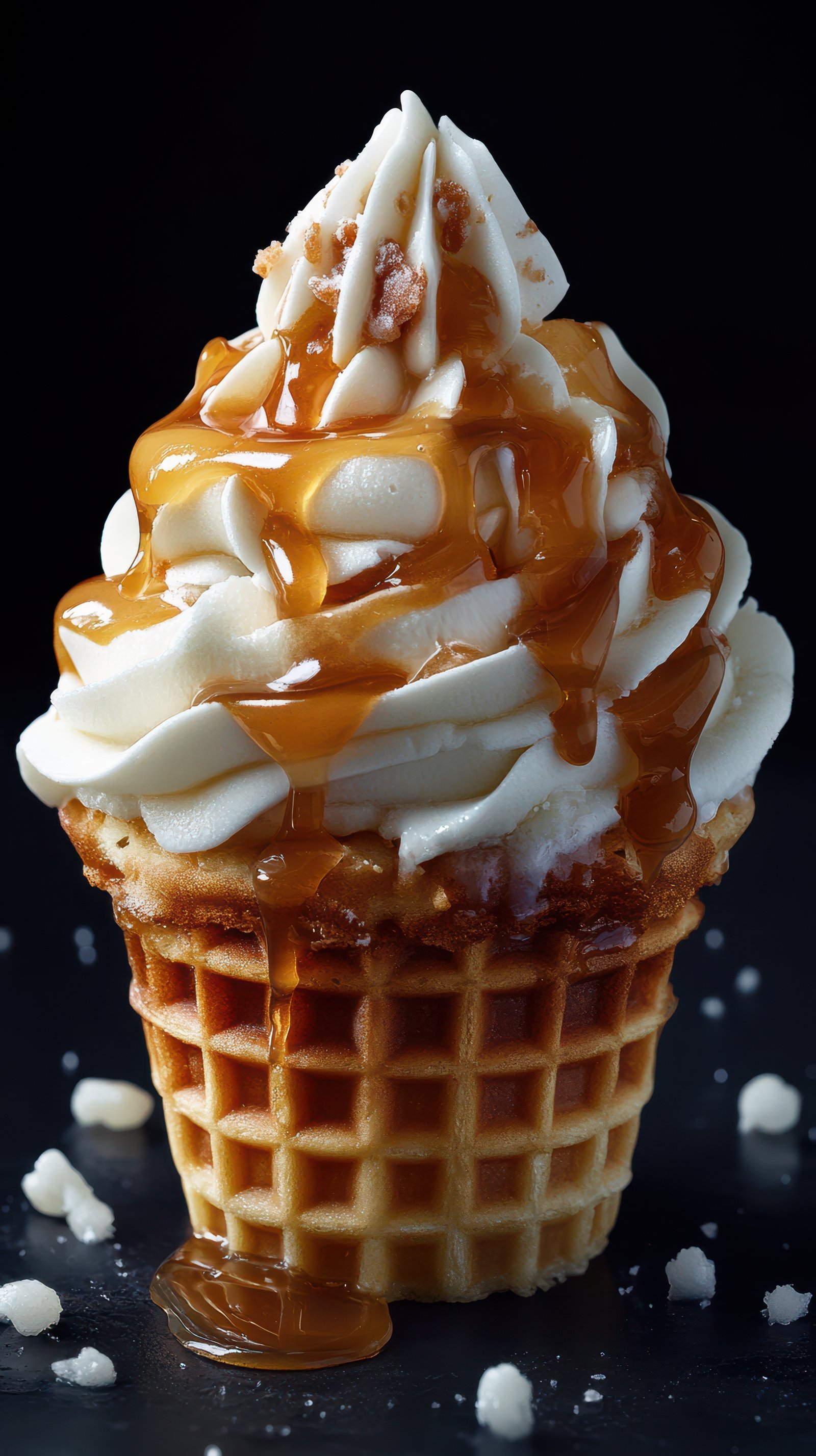 A close-up shot of a waffle cone filled with soft serve ice cream, topped with caramel and sprinkles